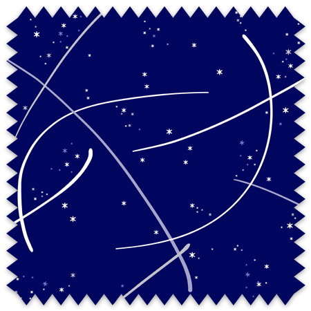 The artwork consists of a deep navy blue background adorned with numerous white star-like shapes scattered throughout, creating a celestial atmosphere. Over this starry field, several sweeping, curved white lines intersect and flow diagonally across the canvas, adding dynamic movement to the composition. The overall effect is a stylized and abstract representation of a night sky with constellations or cosmic trajectories.